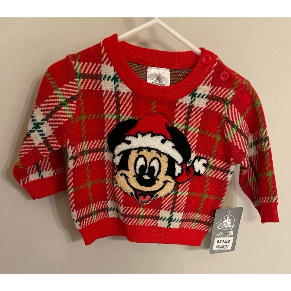 NEW! NWT Disney Parks Christmas Mickey Mouse Plaid Baby Sweater, Size 6-9 months